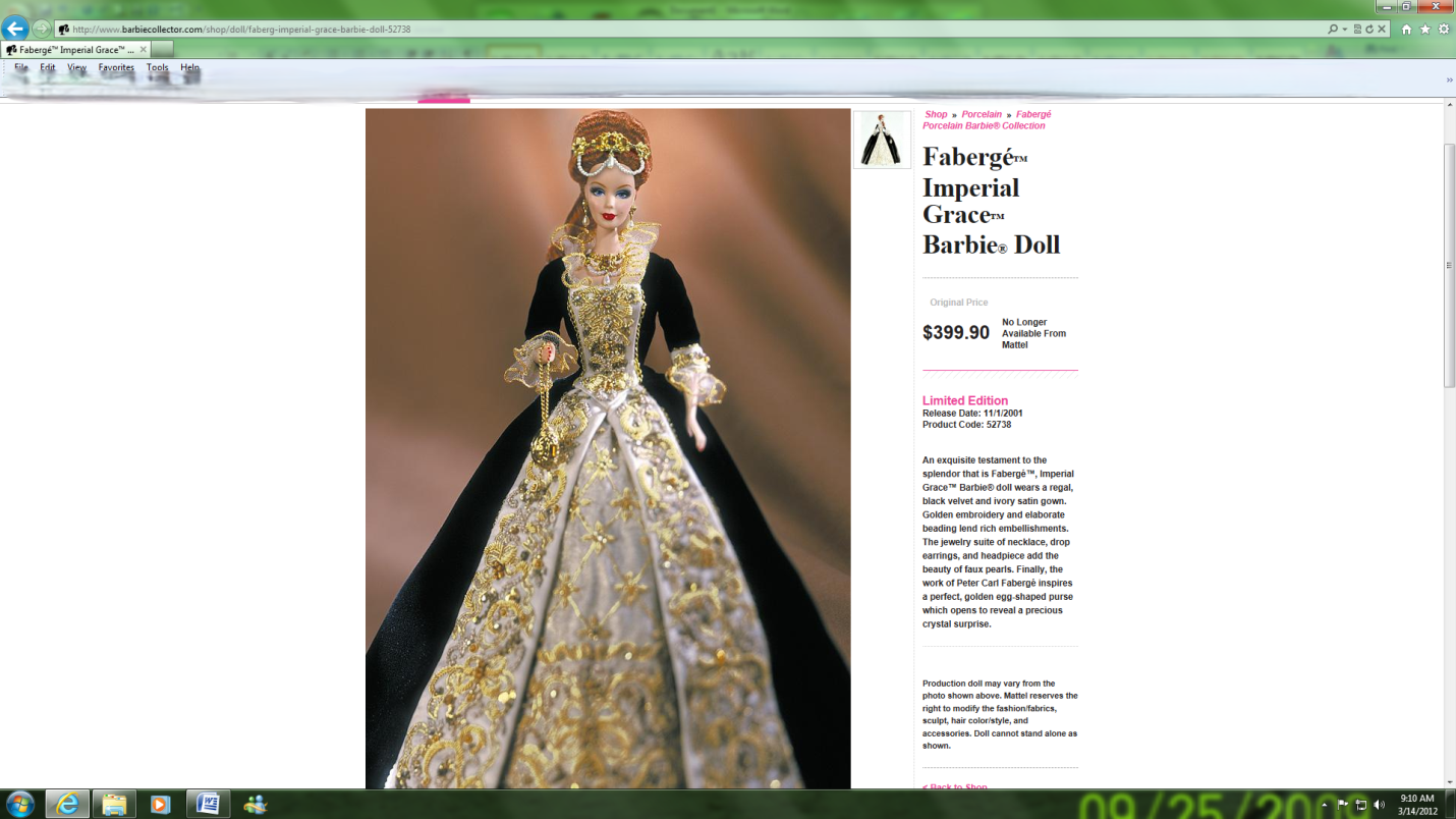 Barbie Collector website in 2012 showing the Fabergé Imperial Grace Barbie doll page